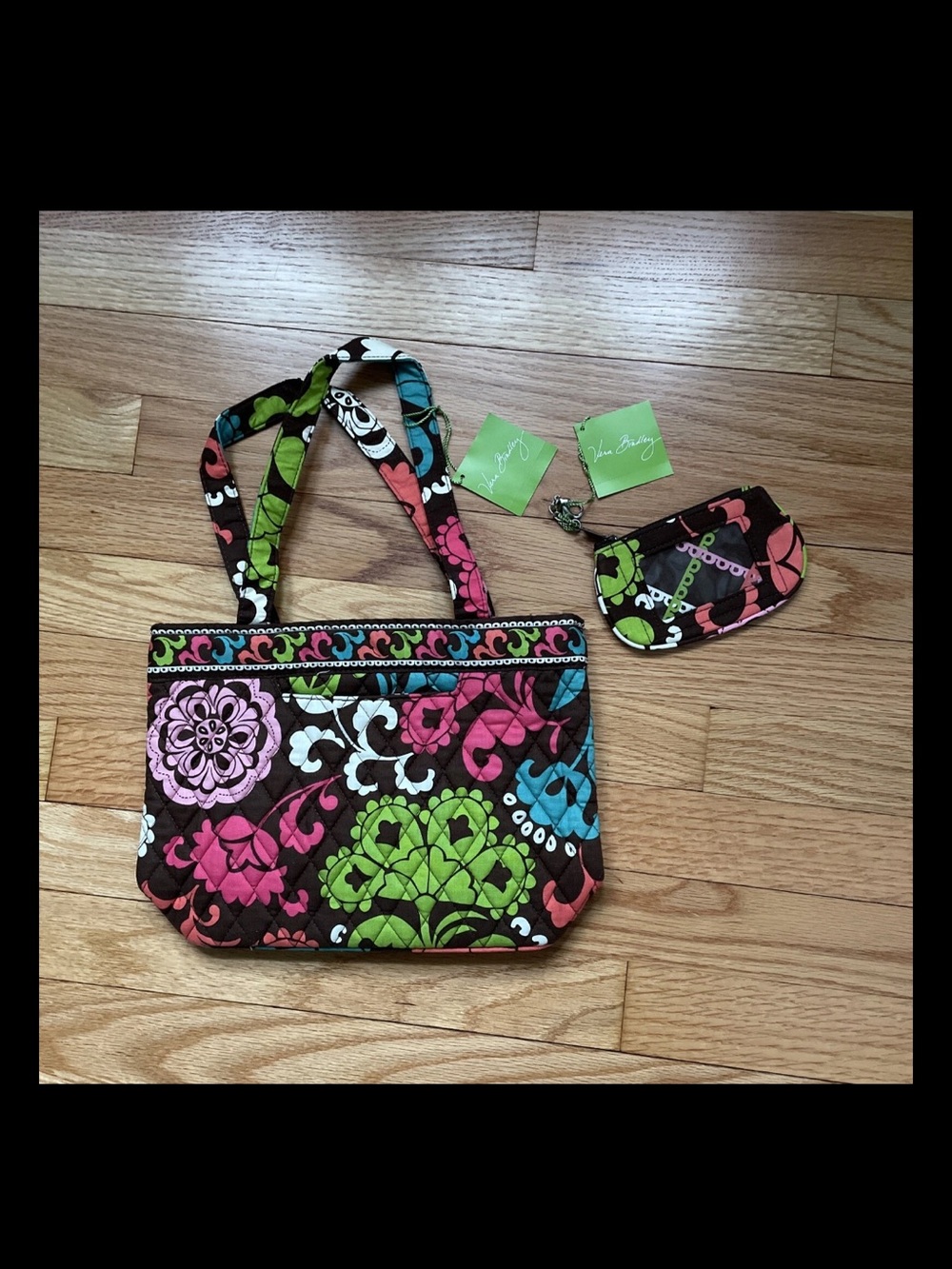 NWT Vera Bradley Lola (disc) brown floral purse and matching mini wallet
